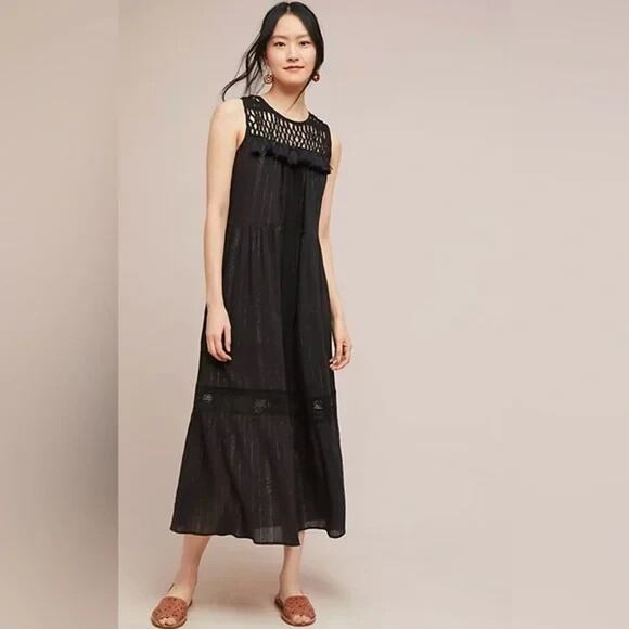 Anthropologie Maeve Abilene Dress Black Gold Shimmer Tassel Crochet Midi ALine S - Picture 3 of 9